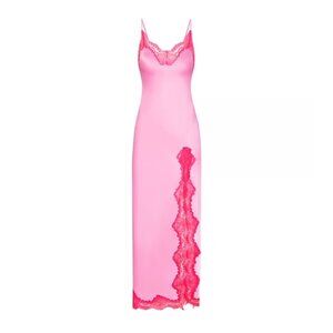 SKIMS Woven Shine Stretch Satin Lace Long Dress in Neon Orchid Size XXS